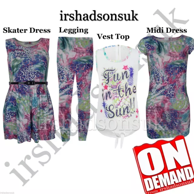 Bambine New Stagione Leopardo Multi Stampa Legging Skater Midi Abito Top Corto