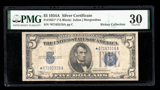 DBR 1934-A $5 Silver STAR Fr. 1651* PMG 30 Serial *07163319A
