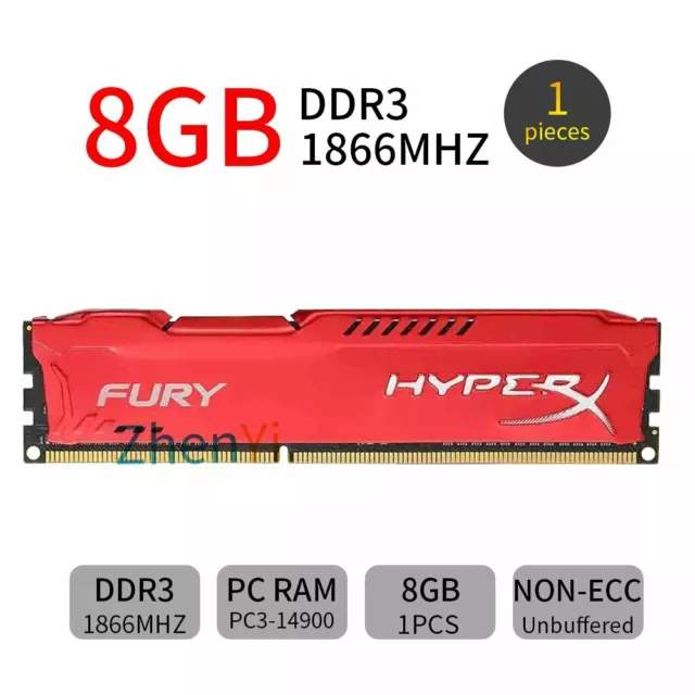 8GB 4GB DDR3 1866MHz PC3-14900 240P Desktop DIMM Memory SDRAM HyperX FURY BT Red