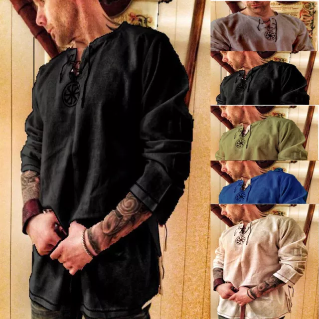 Mens Medieval Vintage Tunic Tops Shirt Viking Lace Up Jumper Costume Blouse Size