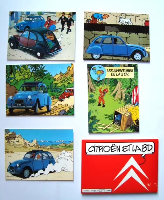 5 cartes postales TINTIN / CITROEN de la BD / 2CV / Hergé / TL : 1000 ex