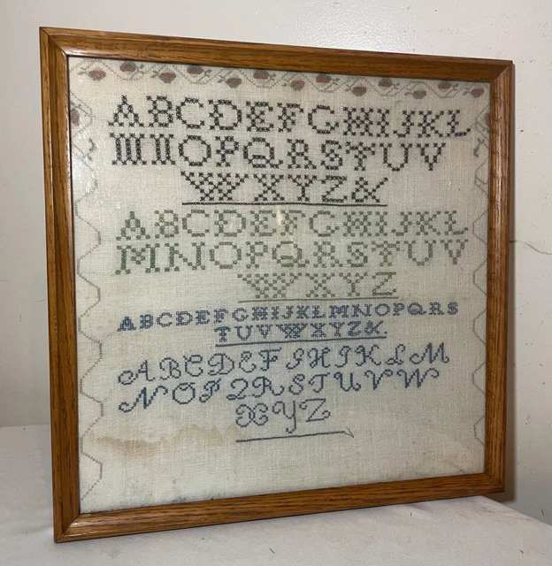 antique 1800's handmade embroidered linen needlepoint sampler 19th century art'