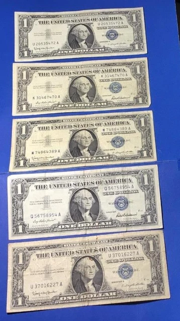1957-1957B $1 Blue SILVER Certificates! X5472 Set of 5! Lower Grade! Currency!