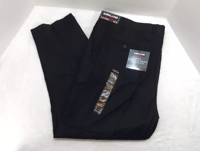 Kirkland Signature Dress Pant Mens 44x30 Wool Flat Front Black NWT New