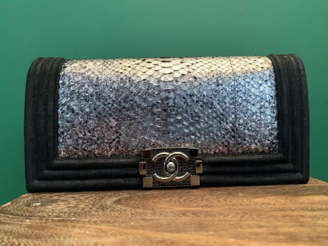Chanel Boy Flap Clutch Bag Silver Python Black Suede Leather 2