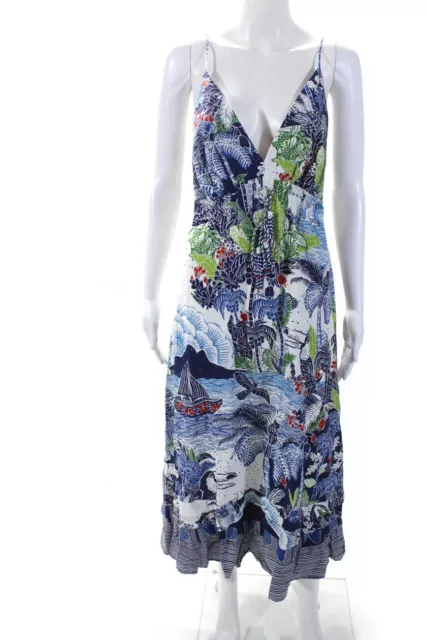 Farm Rio Womens Linen Floral Beaded Fringe Empire Waist Maxi Dress Blue Size M