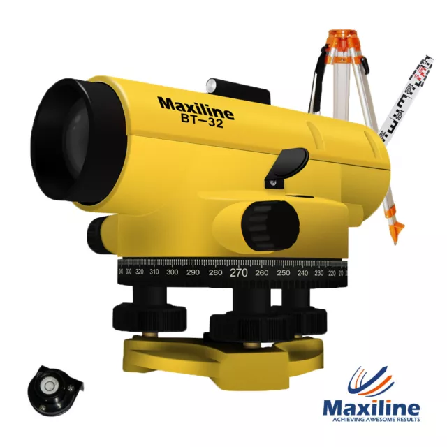 Maxiline® 32X Magnification Automatic Dumpy Level Builder's Level w Tripod Staff