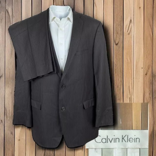 Calvin Klein 2 Piece Suit Mens 48L 42x31 Brown Pinstripe