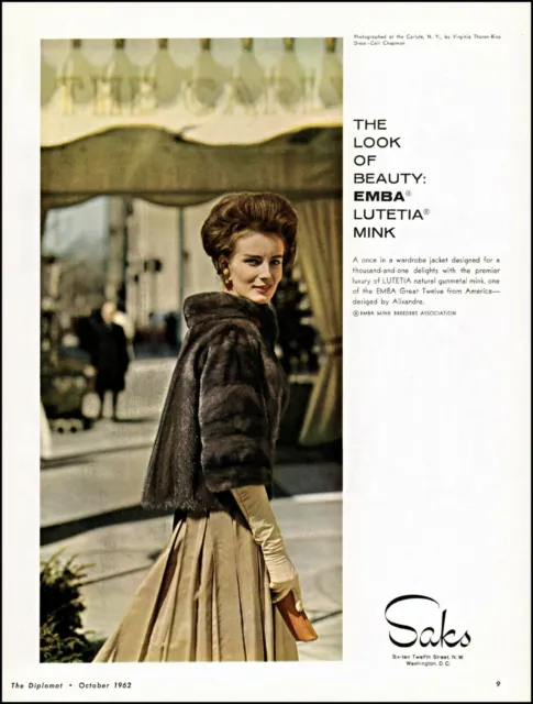 1962 The Carlyle NYC woman fur Lutetia mink Saks D.C. retro photo print ad adl76