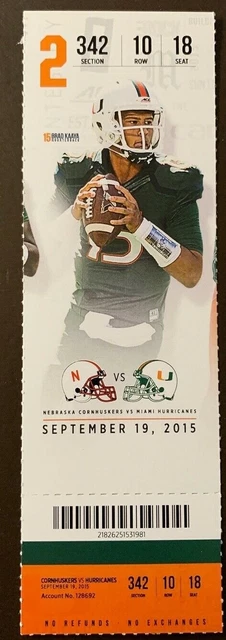 Miami Hurricanes 9/19/2015 NCAA football ticket stub vs Nebraska Cornhuskers