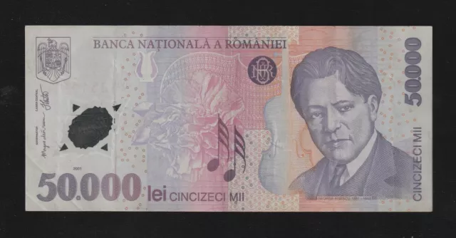 Romania , 50000 Lei, 2001, P-113, Polymer Very Fine+ (VF+) Banknote