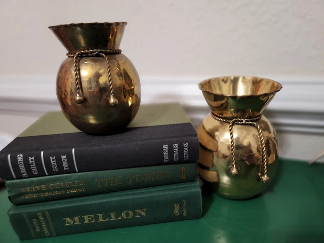 Pair Hand Hammered Brass Tassel Tall Vases Vintage India Free shipping