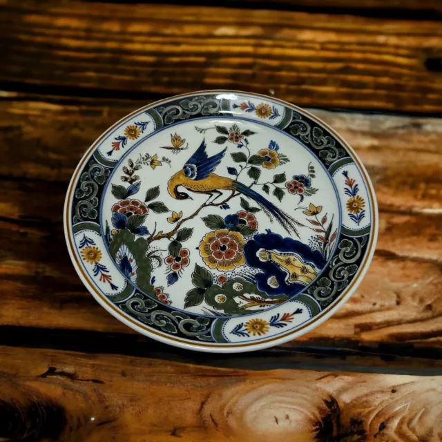 Royal Delft Blue Polychrome De Porceleyne Fles Floral Peacock Bird ￼Plate 9”