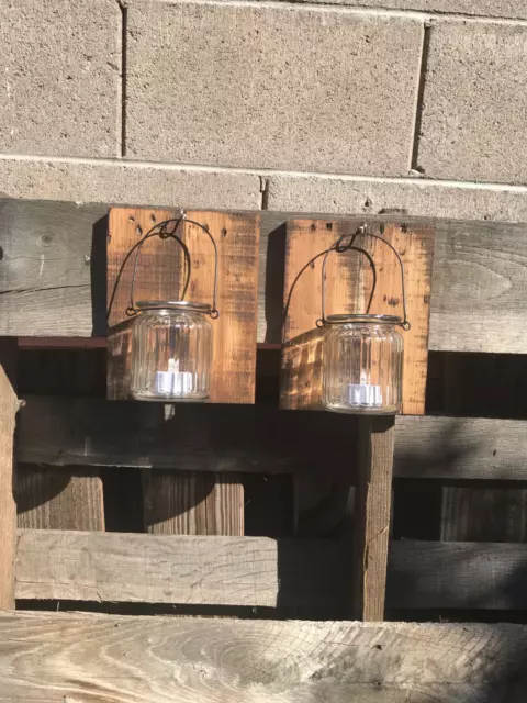 Set 2 Reclaimed Wood Jar Wall Sconces Rustic Pallet Barn Country Wedding