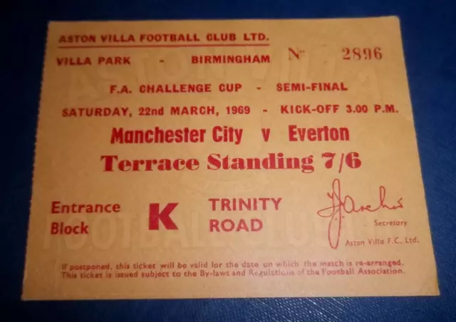 22-3-1969 FA Cup Semi Final  Manchester City  v Everton  Ticket Stub