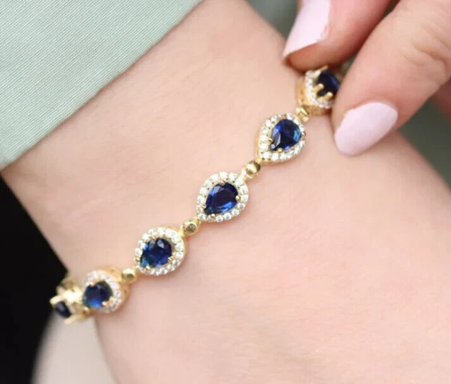 8Ct Pear Lab Created Sapphire Women Tennis Halo Bracelet 14K Yellow Gold Plated