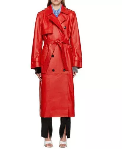 Authentic New Design Women's Red Lambskin Leather Trench Coat Stylish Long Coat