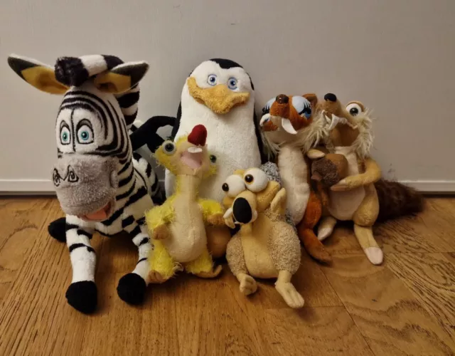 Lot 6 Peluches :L'Age de Glace, Madagascar Penguin, Zebre, Scrat, Sid Dreamworks