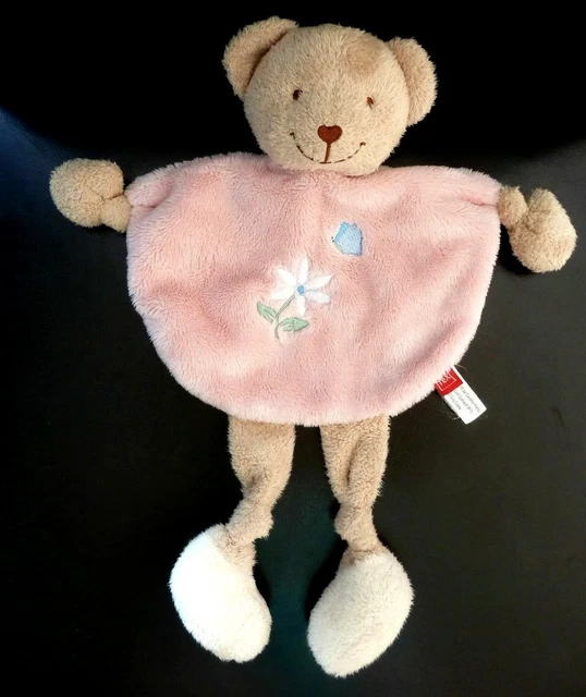 *. DOUDOU PLAT ARRONDI TEX OURS ROSE BEIGE fleurs papillon bleu EXTRA DOUX TBE