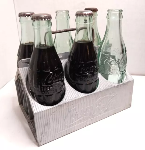 VINTAGE 6-PACK GREEN TINT GLASS EMBOSSED COCA-COLA BOTTLES w METAL CARRIER