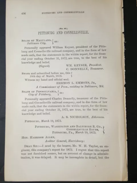 1873 train report PITTSBURGH CONNELSVILLE RAILROAD Bidwell Station Fayette Co PA