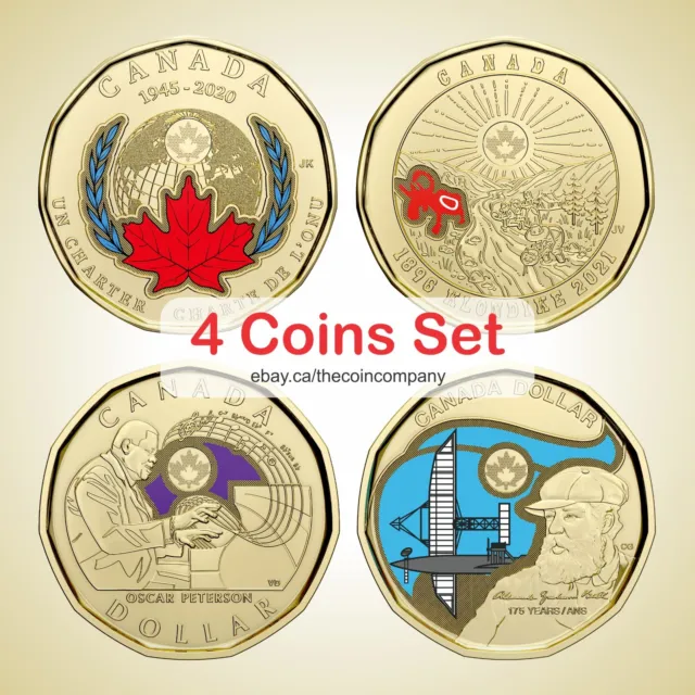 🇨🇦 2020 - 2021 - 2022 Coloured Canadian Loonies Set (4 coins) UNC One 1 Dollar