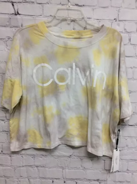 Calvin Klein Performance Cropped Tie-Dyed T-Shirt Yellow Stretch Logo L New