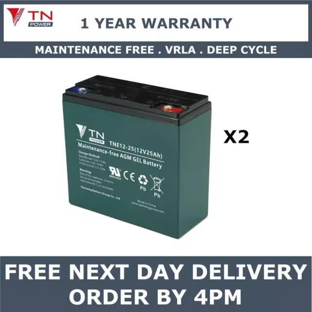 2x TN Power AGM 12V 25Ah Golf & Mobility Scooter Batteries, Replaces REC22-12