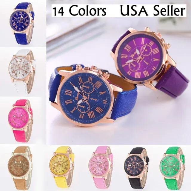 New Women's Geneva Roman Numerals Faux Leather Fashion Analog Quartz Wrist Watch