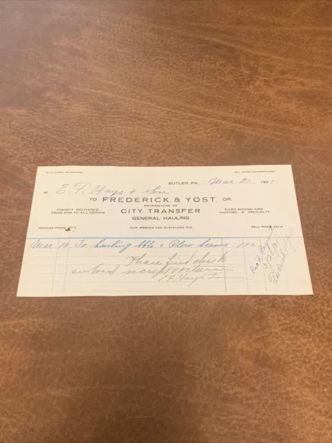 Rare Frederick & Yost City Transfer Hauling Butler Pennsylvania 1921 Receipt