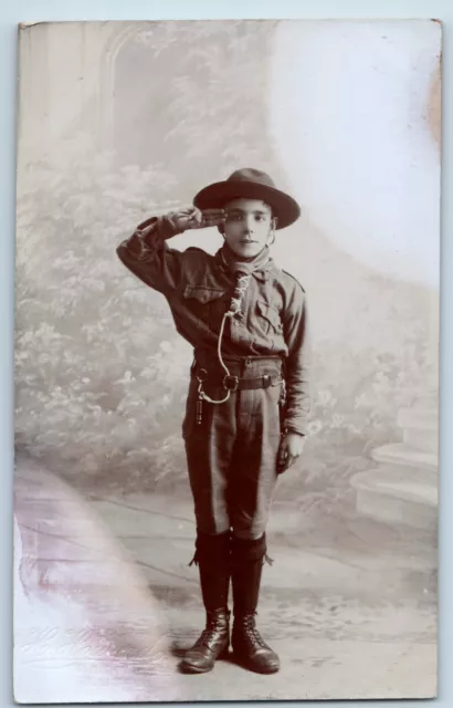 Scouting Young Boy Scout Salute Studio Photo Antique RP Postcard