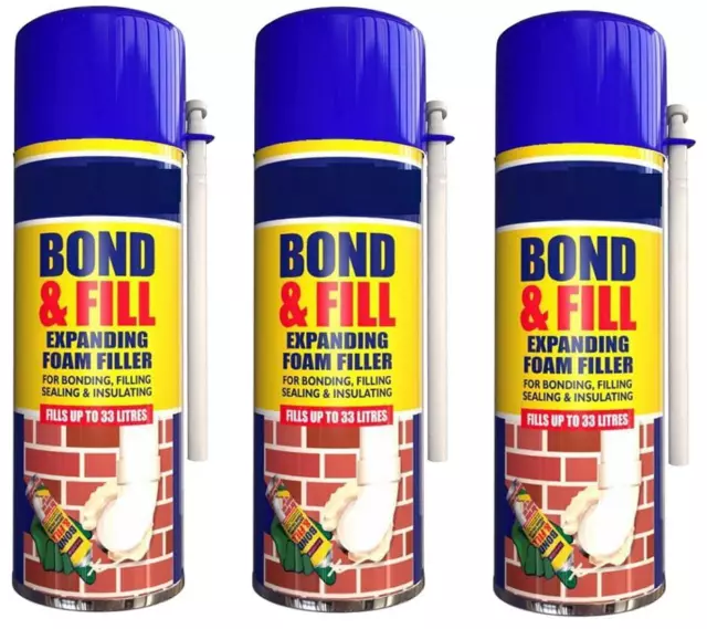 3 x EXPANDING FOAM PU BOND AND FILL SEALING INSULATING GAP FILLER SPRAY 500ML