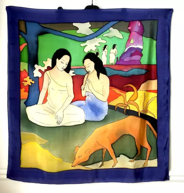 RARE FOULARD carré SOIE peint en main inspiré Gauguin signé Anny 84 x 89cm !