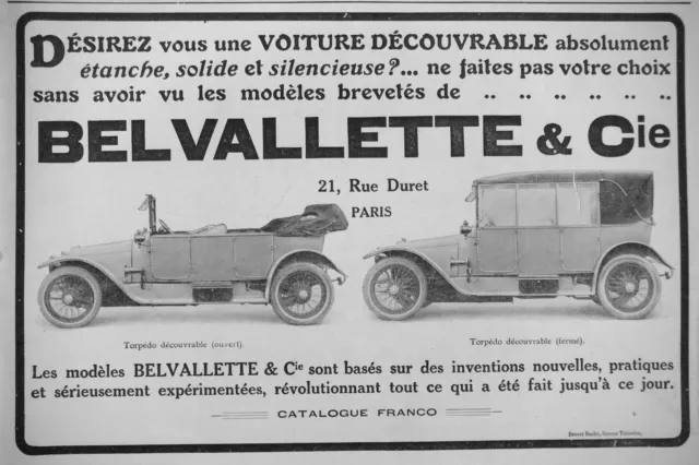 PUBLICITÉ 1914 BELVALLETTE ET Cie DÉSIREZ VOUS UNE VOITURE DÉCOUVRABLE ÉTANCHE