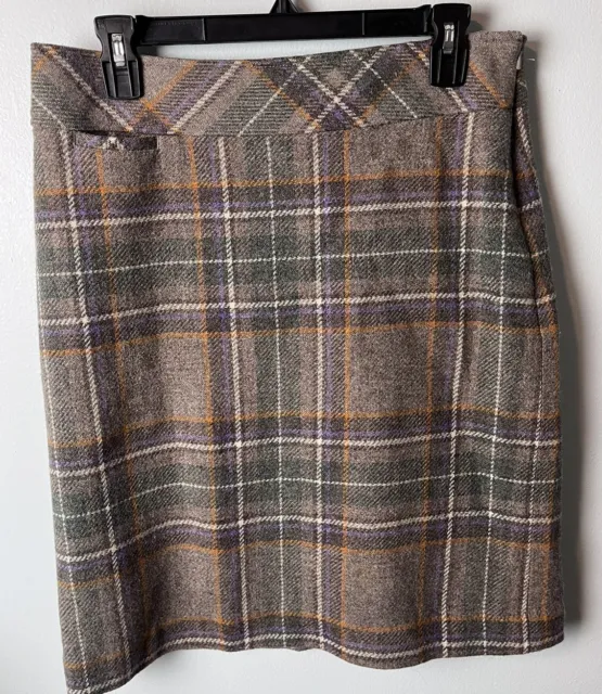 Vintage LL Bean Plaid Tartan Brown Gray Purple Wool Blend Skirt Size 8 Academia