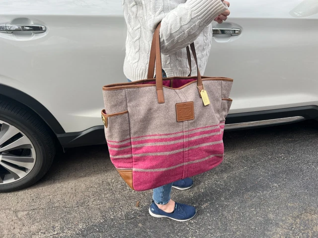 COACH- large tote bag charcoal magenta stripes wool with leather trim