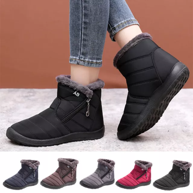 Womens Fur Lined Snow Ankle Boots Ladies Winter Warm Waterproof Flat Shoes Size