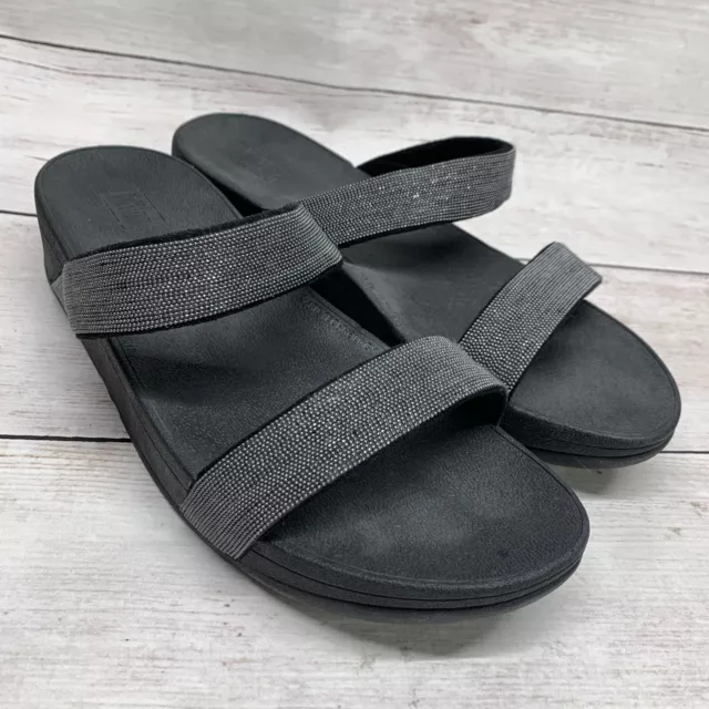 FitFlop Womens Size 10 Lottie Glitter Stripe Slide Comfortable Sandals All Black