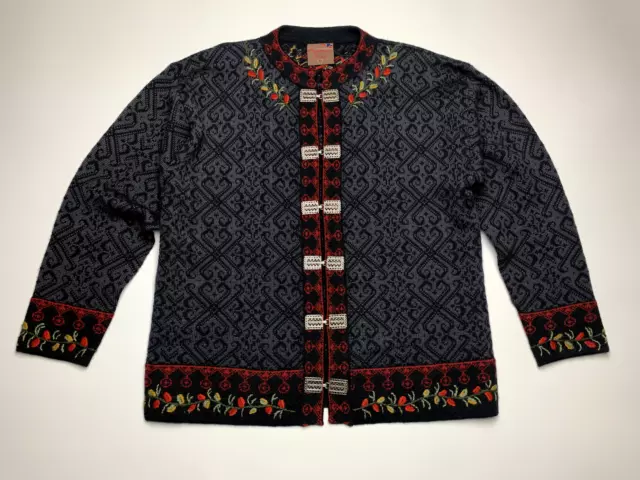 VTG Christiania Norwegian Fair Isle Nordic Flora Wool Knit Cardigan Sweater L