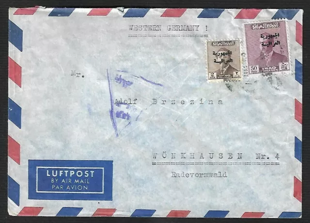 IRAQ King Faisal II OVERPRINTED CENSORED AIR MAIL COVER to GERMANY (#3299)