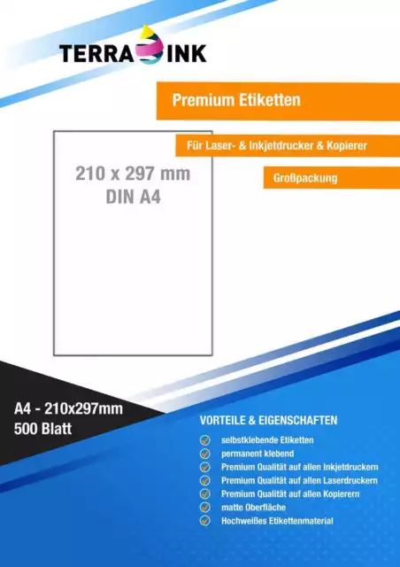 Terra Ink Premium Etiketten weiß Din A4 210 x 297 mm 500 Blatt selbstklebend