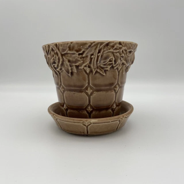 Vintage McCoy Tan Quilted Diamond Rose Flower Pot Planter Pottery Brown (issues)