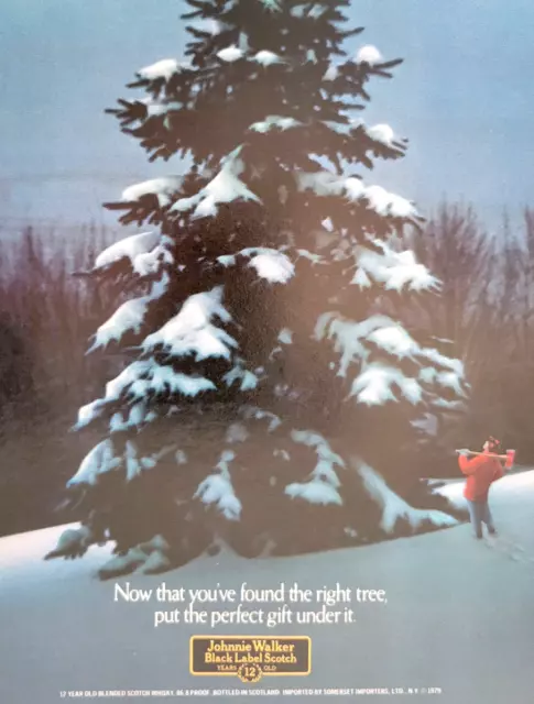 Johnnie Walker Black Label Scotch Winter Christmas Tree 1979 New Yorker Ad 8x11"