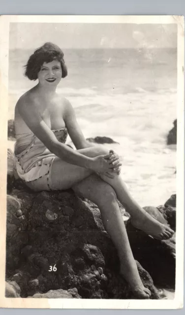 RISQUE WOMAN SWIMSUIT BEAUTY 1910s original real photo postcard rppc