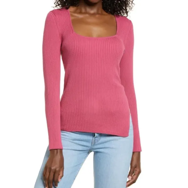 NEW Nordstrom Square Neck Ribbed Long Sleeve Sweater Pink Size Small Open Edit S