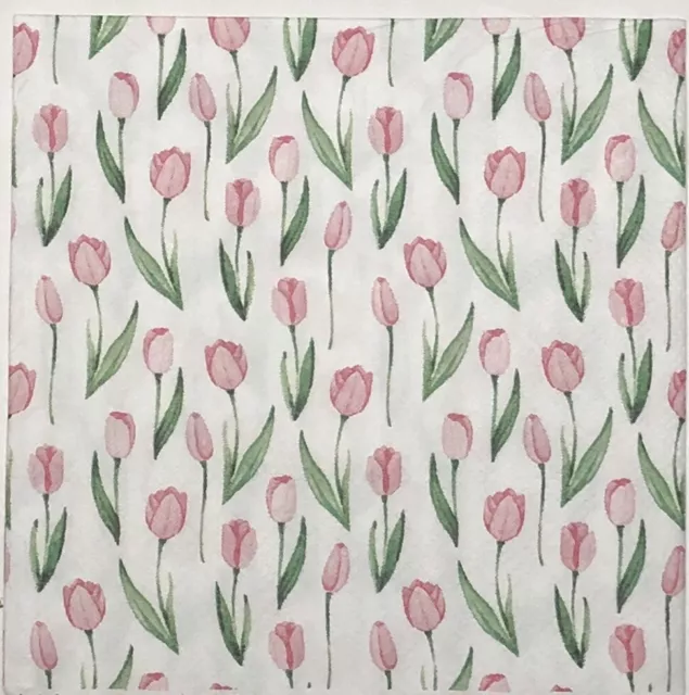 two Individual Beverage tulip flowers paper napkins decoupage Spring Pink Green