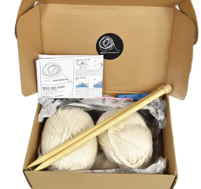 Woolly Mahoosive Basic Easy Knit Scarf Kit Merino Wool inc Needles