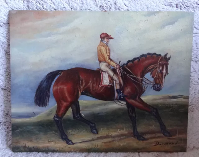 ancien tableau huile sur panneau cavalier cheval signé