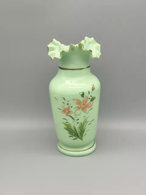 Antique Victorian Opaline Bristol Glass Hand Painted 8.5" Floral Ruffled Vase