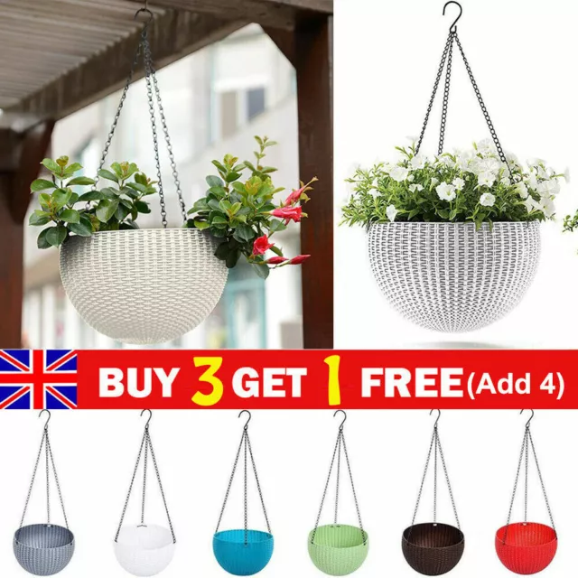 Resin Rattan Plaited Hanging Basket Yard Plants Flowers Pot Chain Wall Fence